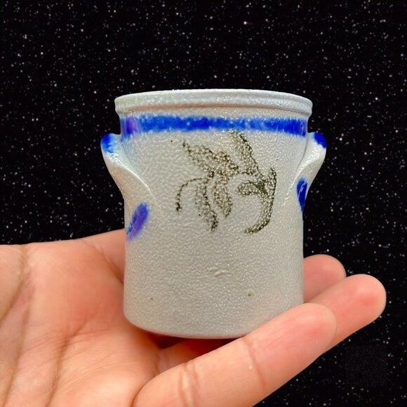 Vintage Salt Glaze Miniature Crock Vase Pottery German Gray Cobalt Blue 2.25”T - Picture 10 of 12